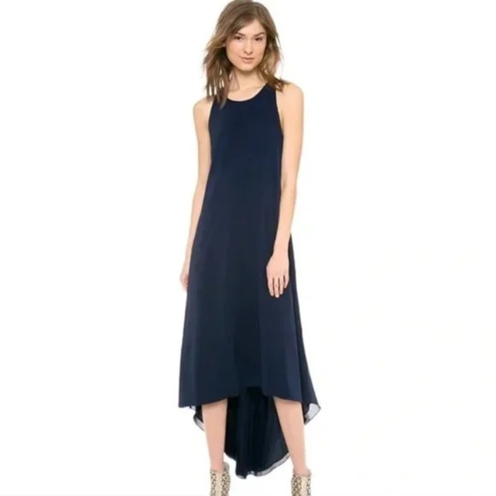 Alice‎ + Olivia XS Navy Silk Keyhole Knot Back High-Low Drapey Maxi Dress